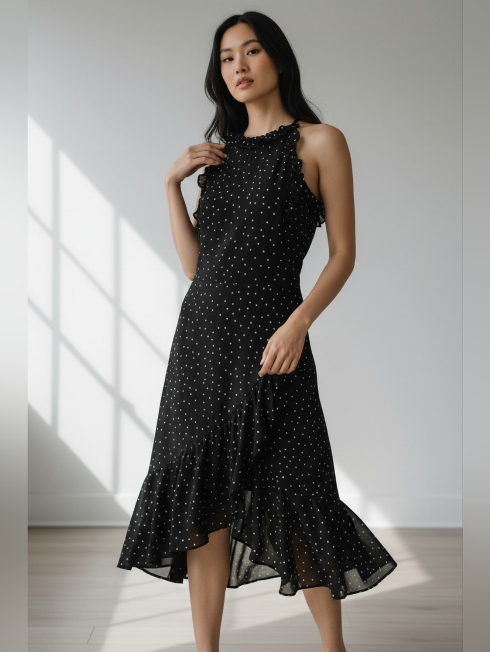 Who What Wear Black Halter Asymmetrical Dress with White Dots - Sm - Picture 1 of 8